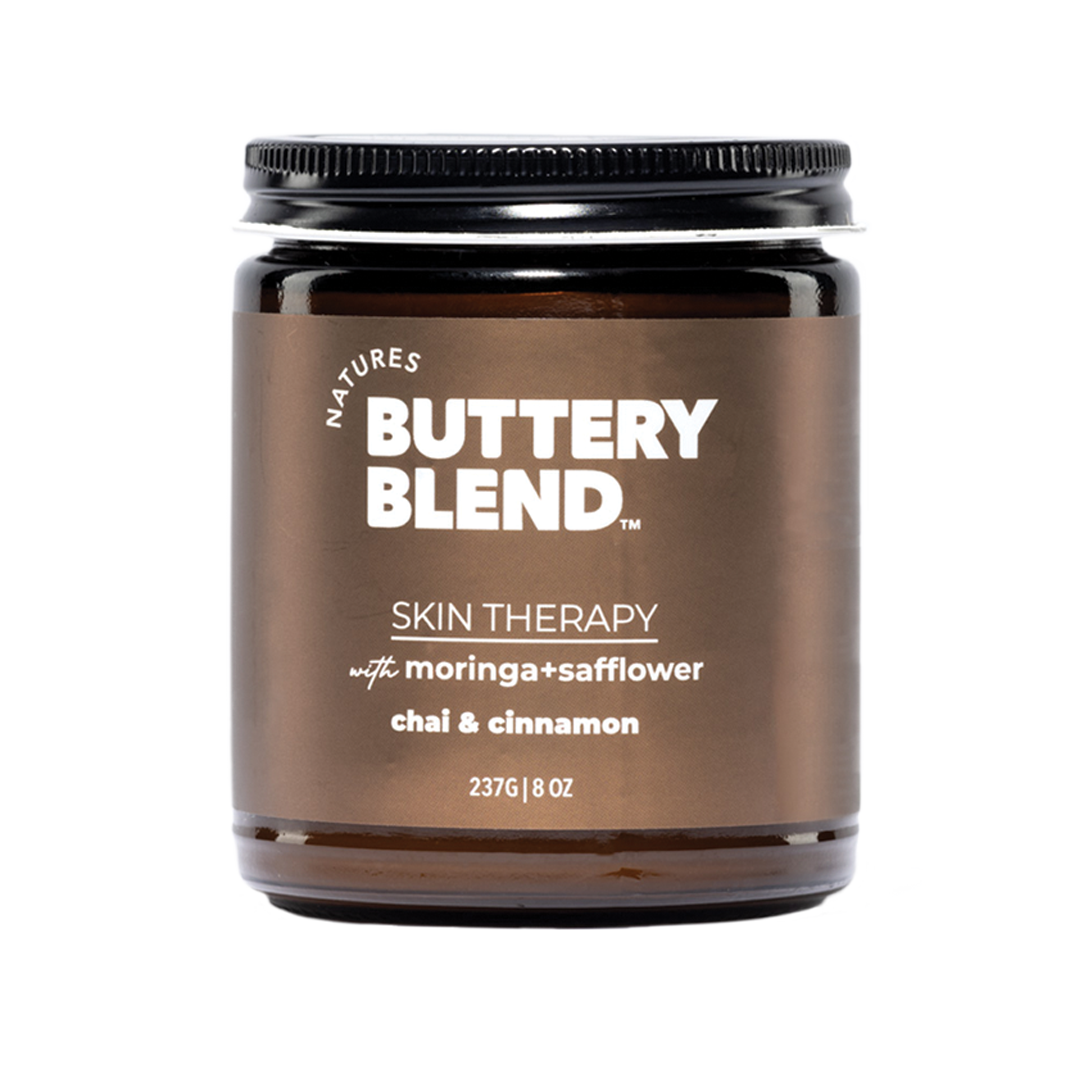 Nature's Buttery Blend skin therapy 8oz jar with brown label on a white background