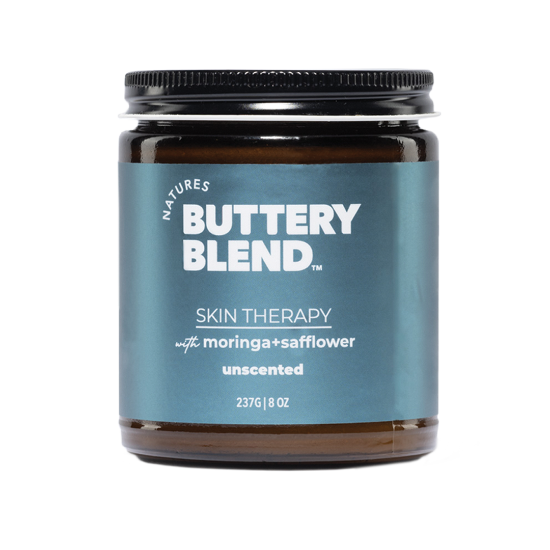 Nature's Buttery Blend skin therapy 8oz jar with blue label on a white background